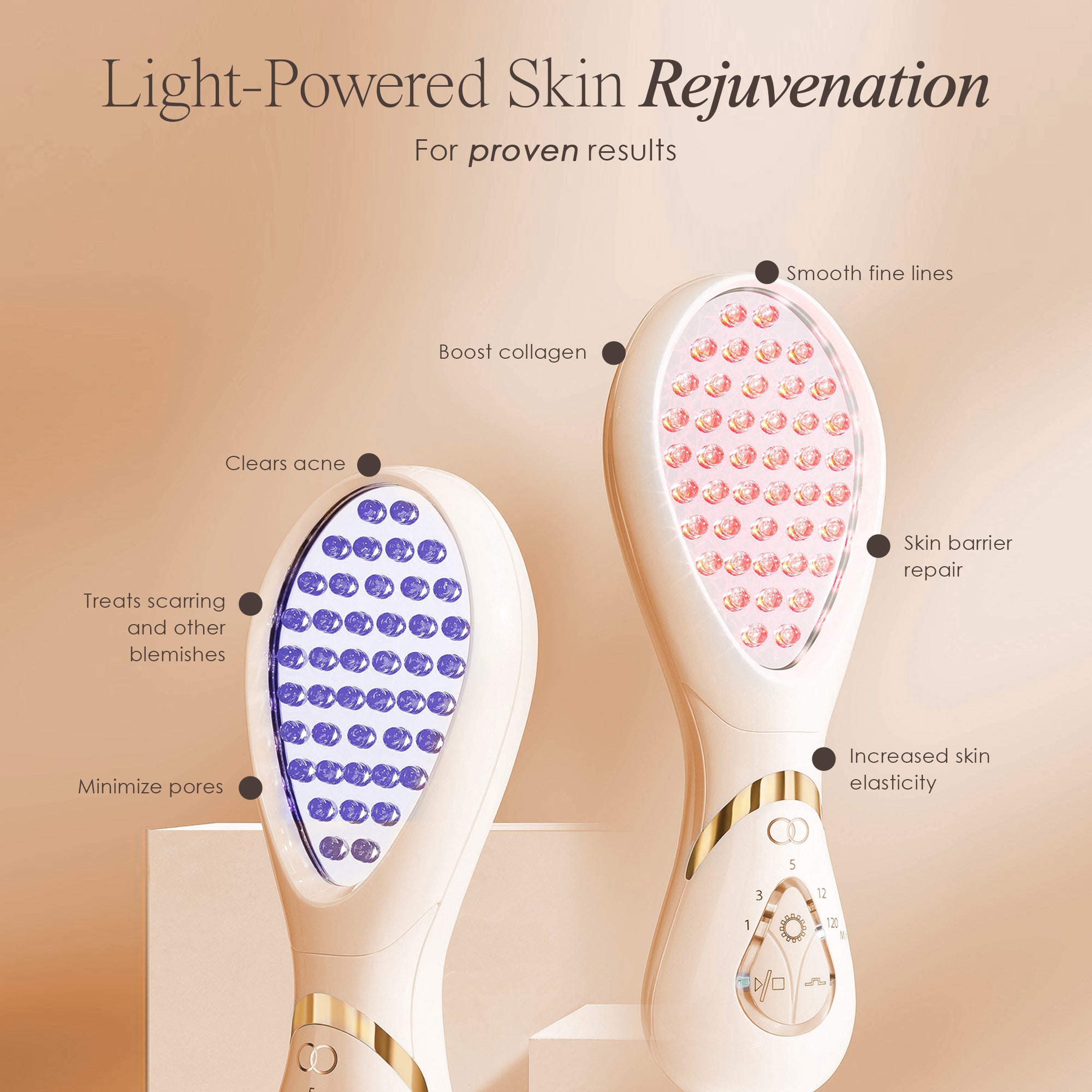 LumaGlow LED light therapy wand listing LED light therapy benefits such as boosting collagen