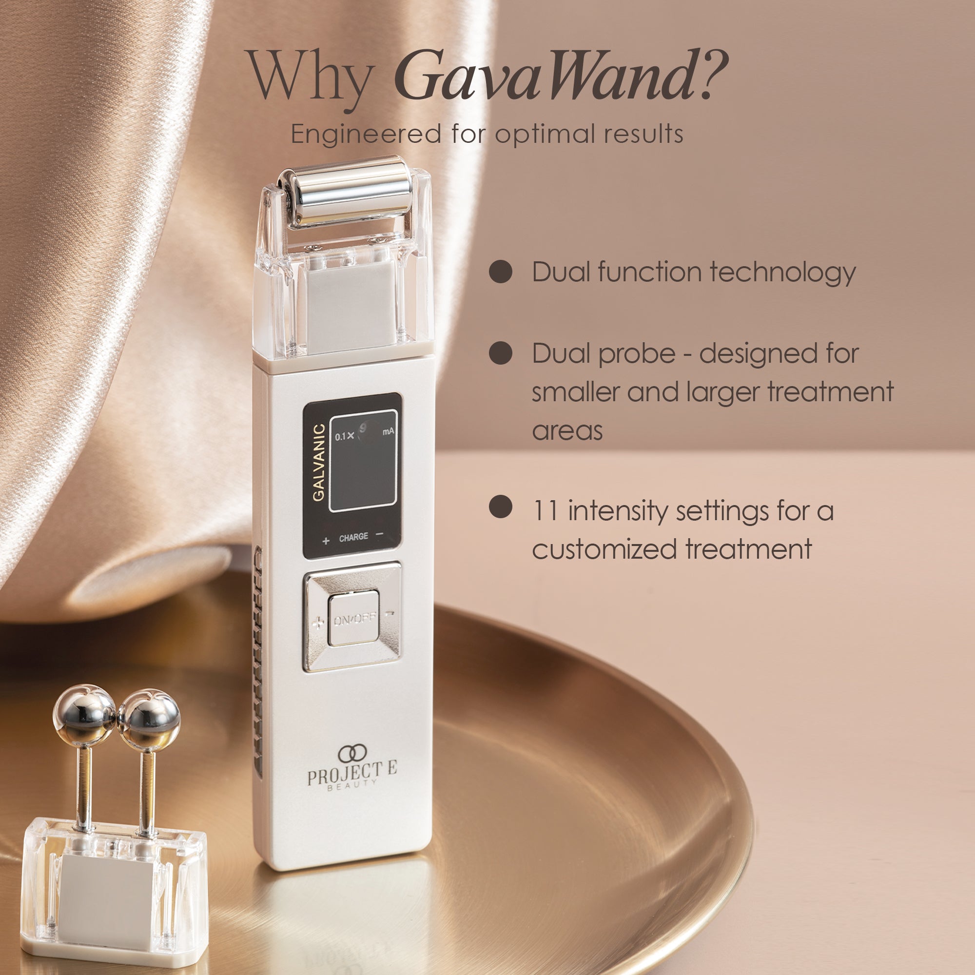 GavaWand galvanic facial roller listing features such as 11 intensity settings