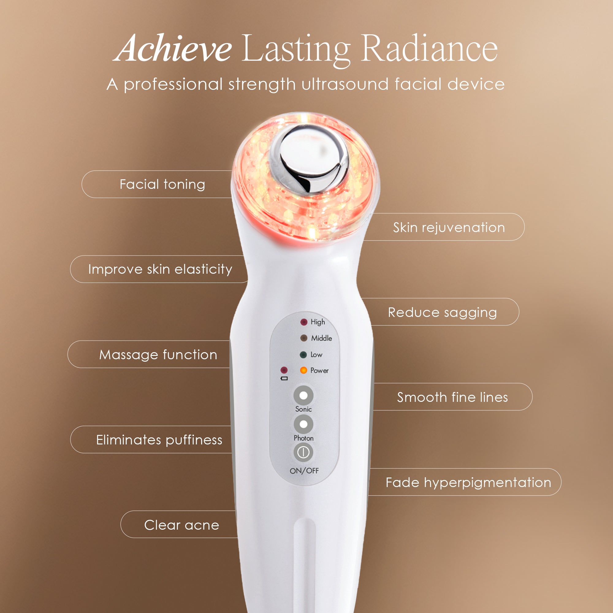 SkinSonic ultrasound therapy wand showing ultrasound therapy benefits such as facial toning and skin rejuvenation