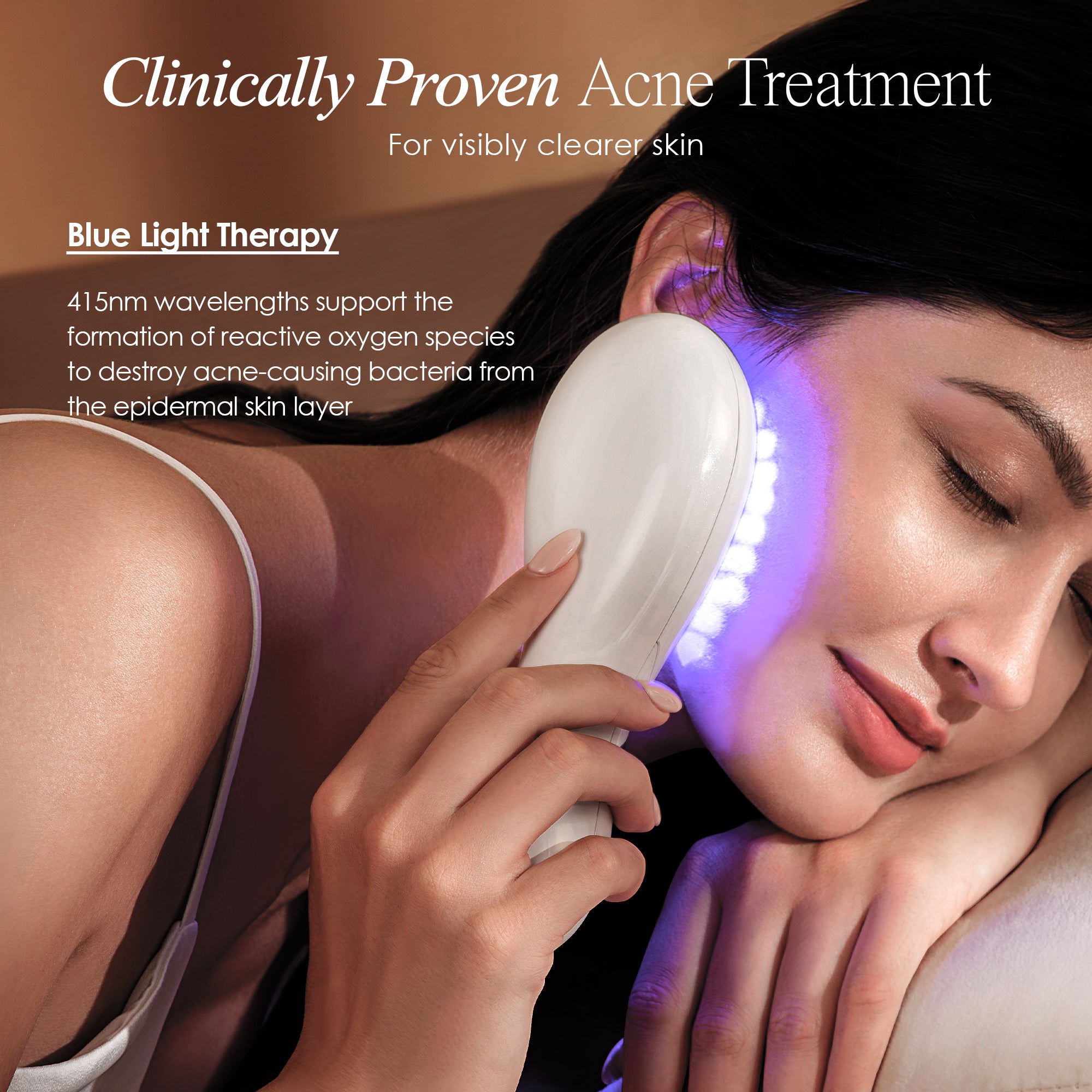 LumaGlow Blue anti-acne wand describing how blue LED light wavelengths fight acne and blemishes